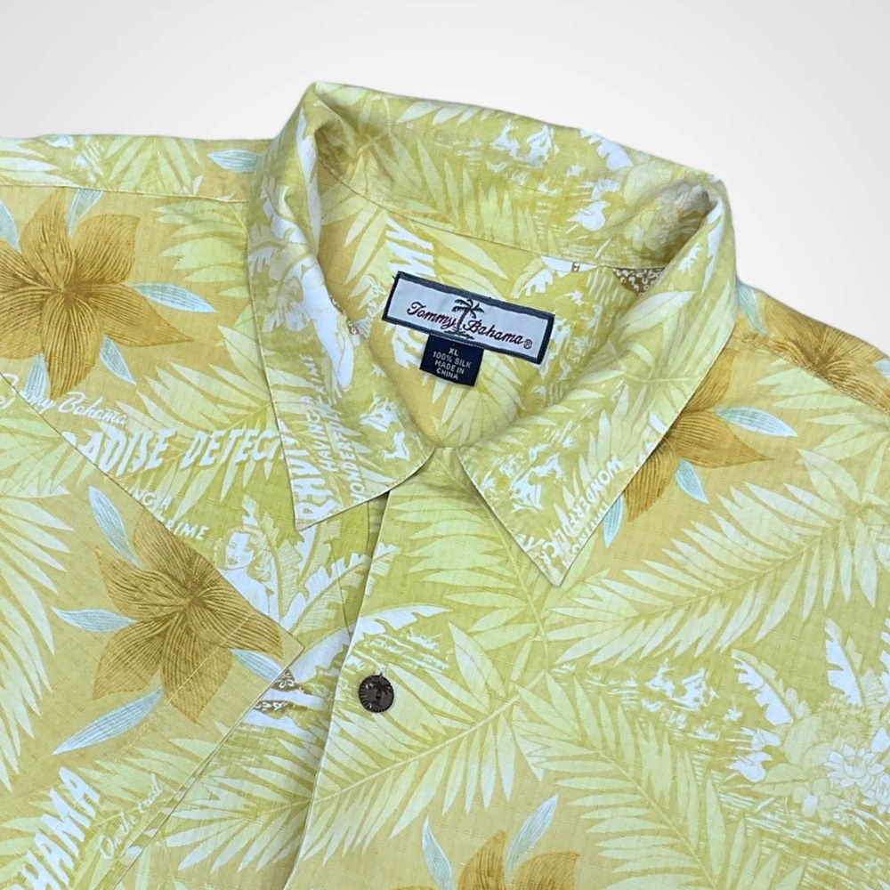 TOMMY BAHAMA Shirt Mens XL Yellow Washable Silk Hula Girls Short Slv Button Down